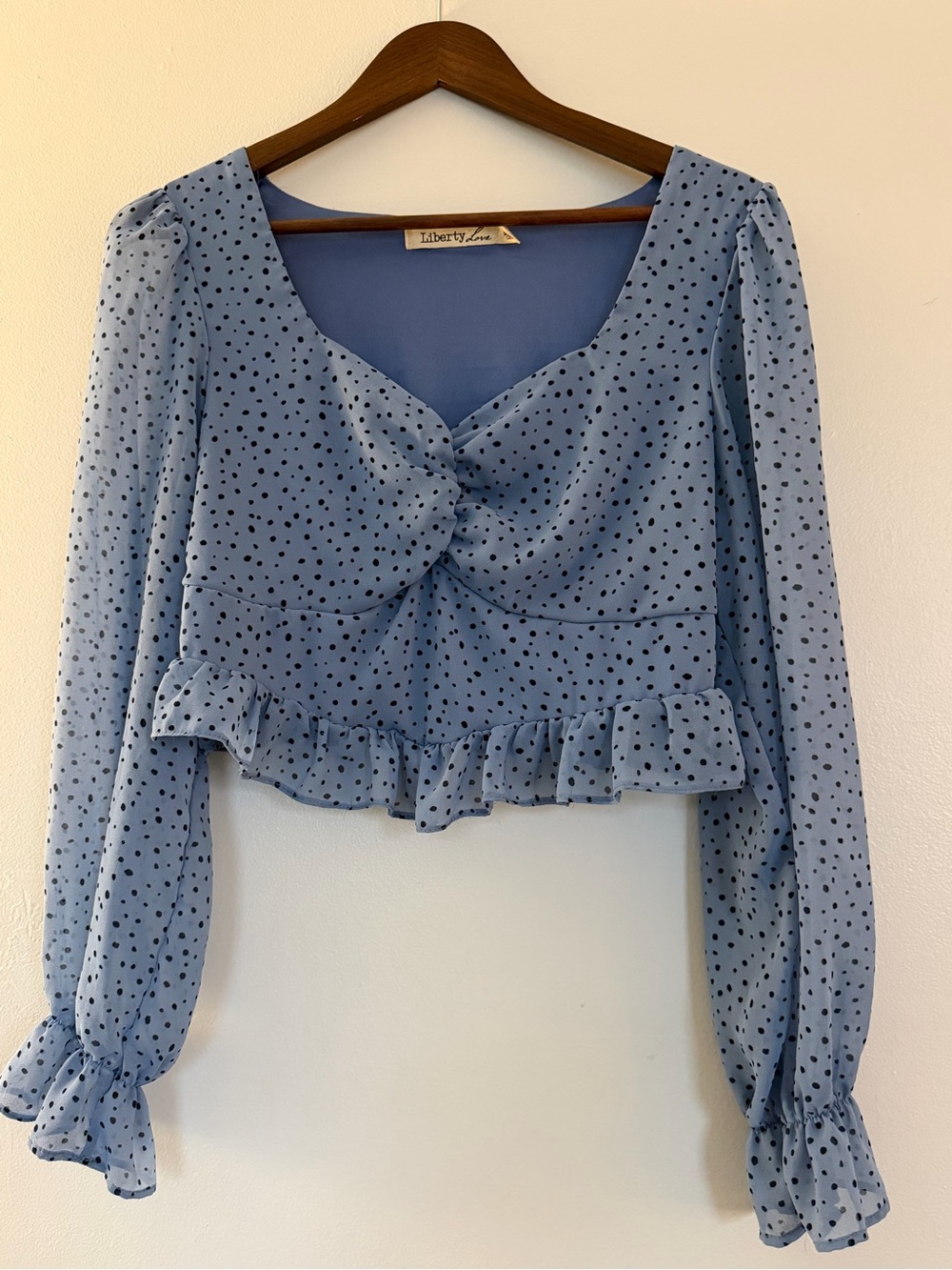 Liberty Love Light Blue Polka Dot Ruffle Crop Blouse (Junior Size XL)